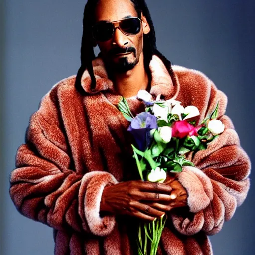 Prompt: Snoop Dogg wearing a mink fur coat, while holding a Vase of flowers for a 1990s sitcom tv show, Studio Photograph, portrait, C 12.0