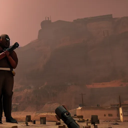 Image similar to Film still of the heavy from team fortress 2 in a town from Red Dead Redemption 2 (2018 video game), concept art