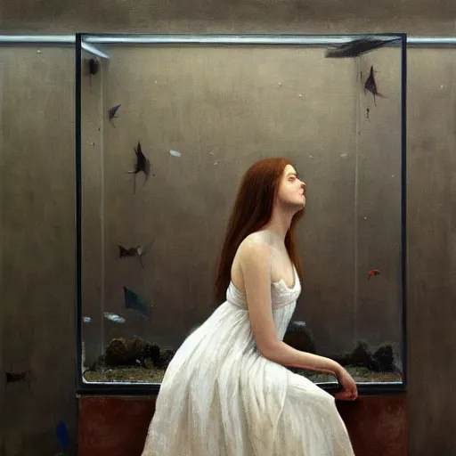 Image similar to oil painting of girl sitting in fish tank drowning alone. she is wearing a white dress and has long brown hair. by aron wiesenfeld.