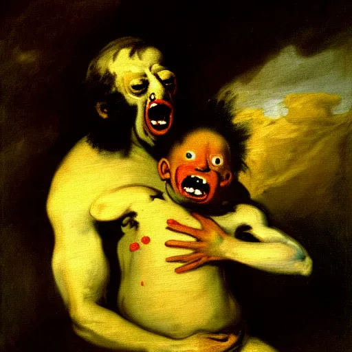 Prompt: a dramatic oil painting of Elmo devouring his son by Francisco Goya