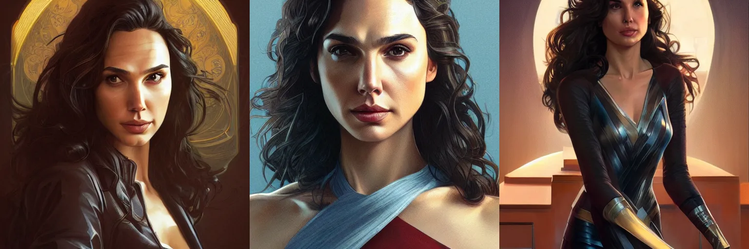 Prompt: portrait of gal gadot as a detective, highly detailed, digital painting, artstation, concept art, sharp focus, illustration, art by artgerm and greg rutkowski and alphonse mucha