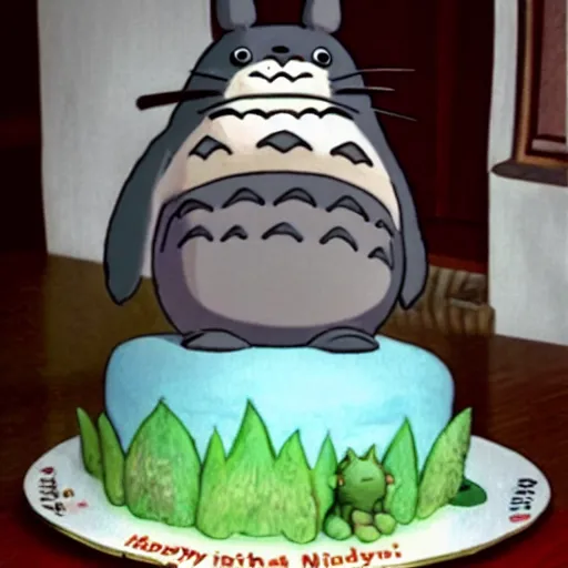 Image similar to totoro, smiling, holding a birthday cake, saying happy birthday!, studio ghibli