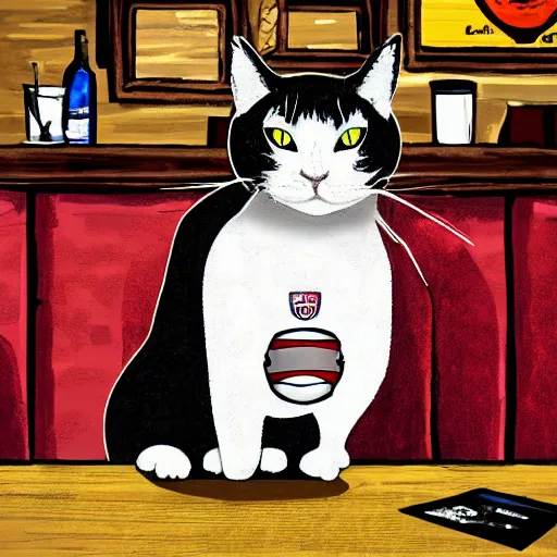 Prompt: a football hooligan cat inside a pub, digital art