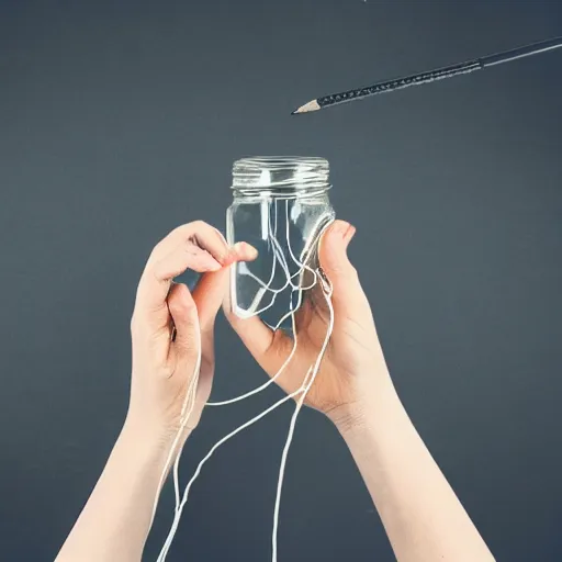 Prompt: a dead hand holding a pen in a glass jar, wires connected to jar