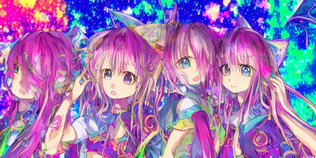 Prompt: Dreamy psychedelic anime, extremely colorful, geometric, Madoka witch labyrinth, patchwork, photoshop, HDR, 4k, 8k, abstract, two anime girls standing within two raging colorful vortexes, detailed and cute faces on the anime girls, very cute and childlike, hugging, smiles and colors, stars as pupils, detailed eyes