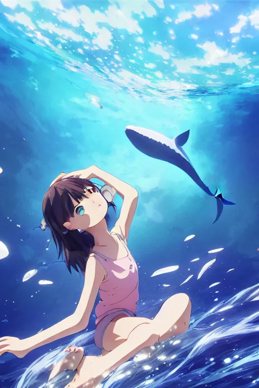 Image similar to a panorama view under the water, anime art full body portrait character concept art, hyper detailed cg rendering of a cute girl and whale, anime key visual of children of the sea, finely detailed perfect face, style of raphael lacoste, makoto shinkai, violet evergarden, studio ghibli, james jean, hayao miyazaki, extremely high quality artwork