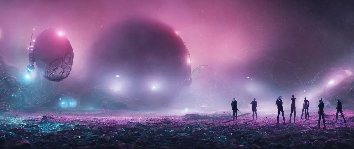 Prompt: a band honing a concert close to a wild river on an alien planet, hills, rivers, small pink foggy and gloomy, blue stars, bokeh background, highly detailed science fiction illustration by jeremy geddes. photorealistic, octane render, hyper detailed, 8 k, movie still, artstation, unreal engine