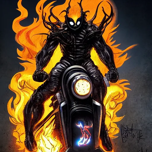 Image similar to ghost rider symbiote, comic strip style, dynamic lighting, fantasy concept art, trending on art station, stunning visuals, creative, cinematic, portrait, ultra detailed