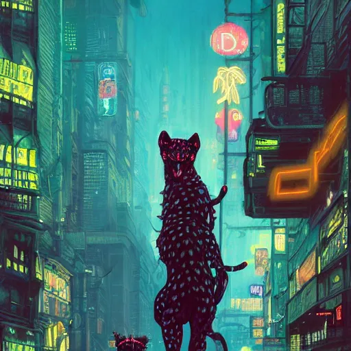 Prompt: anthropomorphic cheetah character wearing black cyberpunk skater clothes with neon highlights in a cyberpunk city at night. Renowned character illustration by greg rutkowski, thomas kindkade, alphonse mucha, loish, norman rockwell. Trending on artstation 4k. Highly detailed. Digital art.