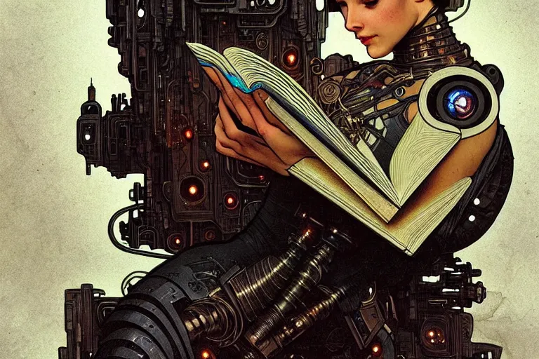 Prompt: a cyborg reading from an old book with a leather cover, fantasy, sci-fi, intricate, elegant, dramatic lighting, highly detailed, lifelike, photorealistic, digital painting, artstation, concept art, smooth, sharp focus, illustration, art by Alphonse Mucha