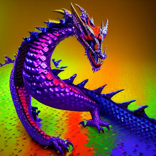 Image similar to a dragon made of colorful sequins, photorealistic, psychedelic, 8 k, trending on artstation