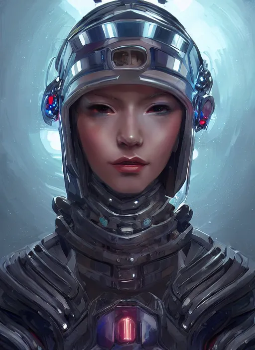 Image similar to of a full body, center frame hyper realistic digital art portrait of a cyberpunk war cleric in a futuristic pearl armor, tech helmet, dark gloomy environment. trending on artstation, art by lois van baarle by sung choi by john kirby artgerm style pascal blanche