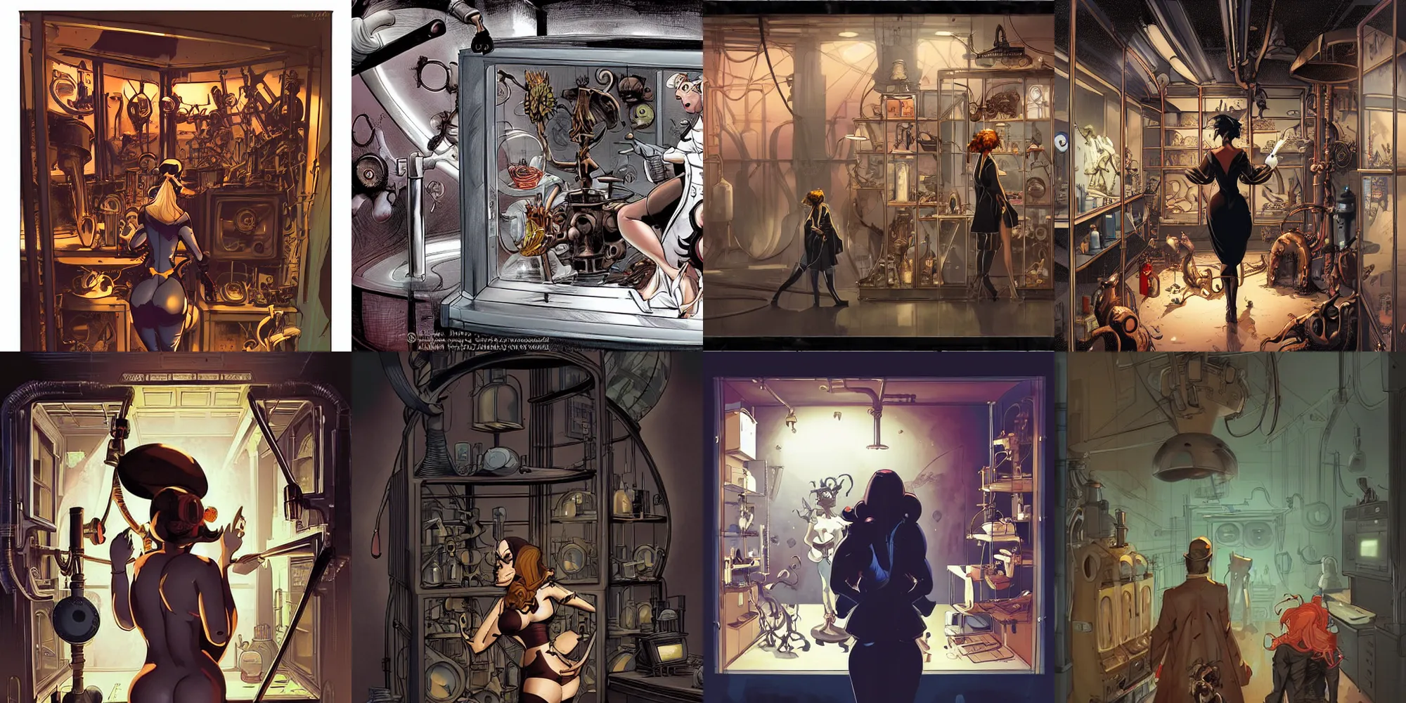Prompt: magnum opus matte art Greg Tocchini. colored art Dave McCaig. a dark steampunk laboratory interior with strange creatures inside a display cases tended by a voluptuous woman in a labcoat as seen from the back in the afternoon with dusty atmosphere,soft,light,bright,epic,awesome,digital art