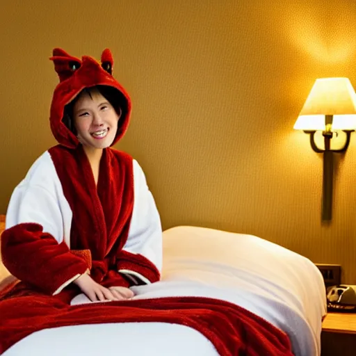 Image similar to a dragon wearing a bathrobe in a hotel room