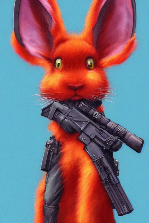 Image similar to portrait of neon fur rabbit with red eyes and a machine gun , 8k, highly detailed, sharp, realistic, in style of Brom