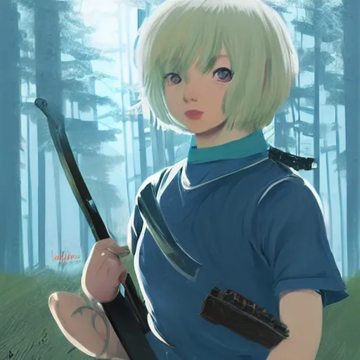 Image similar to ilya kuvshinov with long hair, sky blue hair, hazel eyes, boyish face, wielding a sword and shield, professional digital painting, concept art, award - winning photography, cinematic, forest background, awe, regal, wlop, art by andy warhol, pixiv art, yoshitaka amano