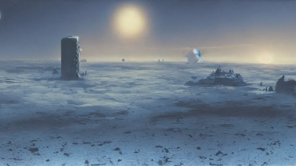 Image similar to emissary space by arthur haas and bruce pennington and john schoenherr, cinematic matte painting, photo realism, dark color palate, blue hour light snow