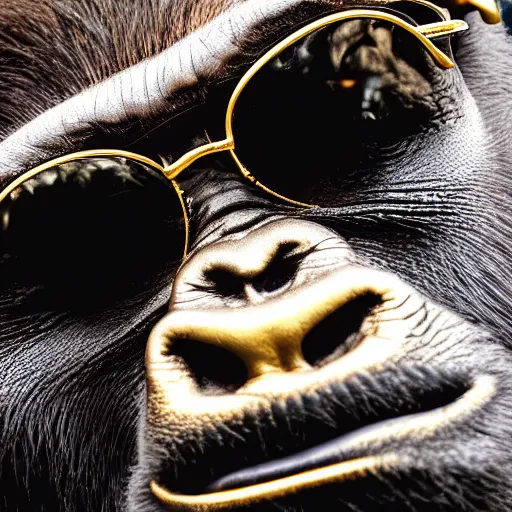 Image similar to a gorilla wearing shades and a gold chain, 4 k