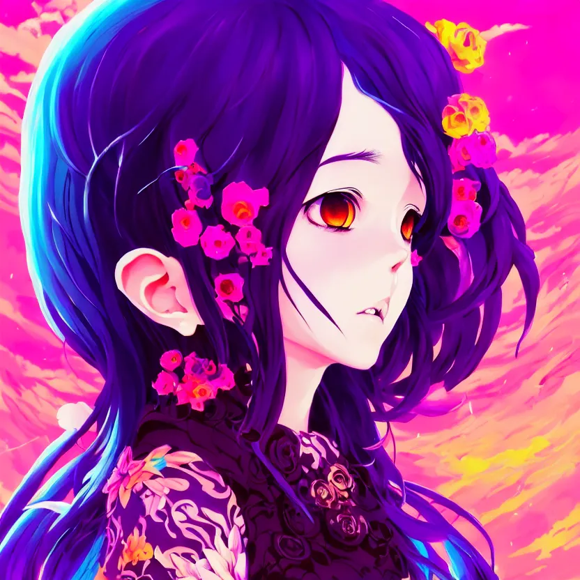 Image similar to side profile macro portrait of one cute modern gothic anime girl with synthwave flower background, gloomhaven, colorful swirly retrowave style fantasy portrait, by lois van baarle, sachin teng, greg rutkowski, jesper ejsing, ilya kuvshinov, extremely detailed digital art, trending on artstation, masterpiece 8 k,