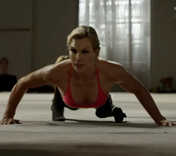 Prompt: muscular Kim Wexler doing push-ups, movie still, realistic, close up, shot by Vince Gilligan, photorealistic