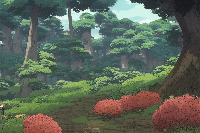 Prompt: Landscape of a beautiful ancient hill in a forest with lots of flowers and nature, by Studio Ghibli, Makoto Shinkai, Moebius