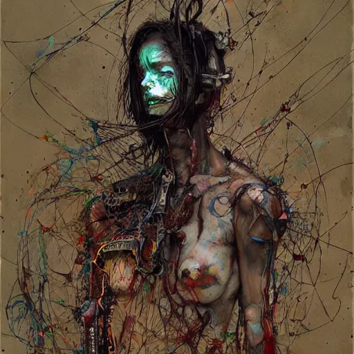 Prompt: the last wanderer of earth, post - apocalyptic wasteland, wires cybernetic implants, in the style of adrian ghenie, esao andrews, jenny saville, surrealism, dark art by james jean, takato yamamoto