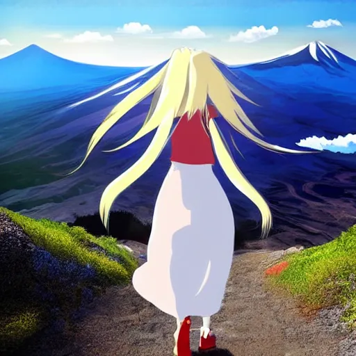 Prompt: a beautiful silver hair young woman walking up Mount Fuji in the style of studio ghibli