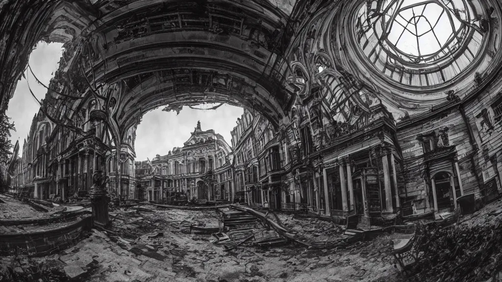 Image similar to victorian era architecture based city, abandoned, crawling with beasts, bloodborne, yarhnam, curved perspective, fisheye effect