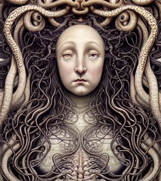 Prompt: detailed realistic beautiful kraken goddess face portrait by jean delville, gustave dore, iris van herpen and marco mazzoni, art forms of nature by ernst haeckel, art nouveau, symbolist, visionary, gothic, neo - gothic, pre - raphaelite, fractal lace, intricate alien botanicals, ai biodiversity, surreality, hyperdetailed ultrasharp octane render