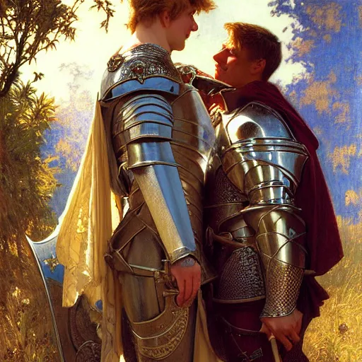 Image similar to arthur confesses his love for lancelot! dream attractive arthur pendragon and his attractive male knight, they are in love, natural lighting, path traced, highly detailed, high quality, digital painting, by gaston bussiere, craig mullins, alphonse mucha j. c. leyendecker