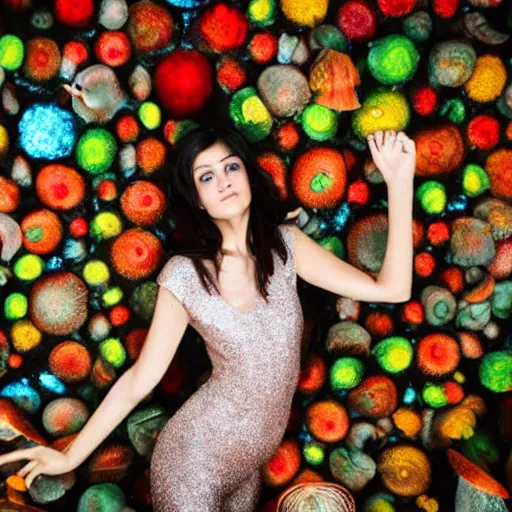 Prompt: ultra high resolution full body shot of a beautiful dark haired, young woman standing in a colourful glittery maze of amanita muscaria : : low angle shoot, looking up at the camera. her face is partially obscured by mushrooms, and she has a pensive expression. the light is mysterious n - 4