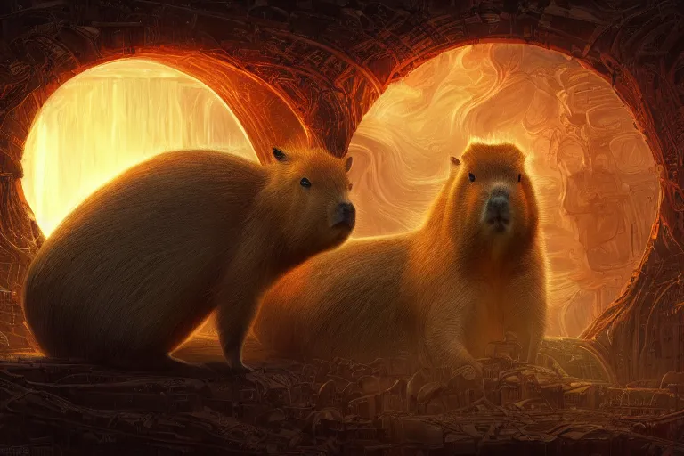 Image similar to sanctuary capybara,in the style of Zoran Janjetov and Julie Bell and Donato Giancola,trending on artstation, lanky lighting low angle view,mandelbulb 3d,Sabattier filter ,afrofuturism ,futuresynth ,Blade Runner 2049 ,