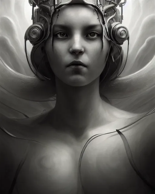 Prompt: dreamy, monochrome, subsurface scattering, white, cyborg goddess in cosmos, black and white, octane render, tomasz alen kopera, jesper ejsing, cgsociety, fenghua zhong, makoto shinkai, james jean, justin gerard, highly detailed, rim light, art, cinematic lighting, very coherent, hyper realism, 8 k