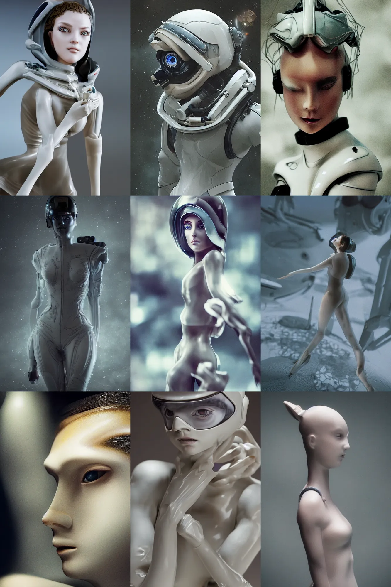 Prompt: anamorphic beautiful cinematic photo in style of 1 9 9 0 s frontiers in miniature porcelain retrofuturism deep diving helmet fashion magazine blade runner seinen manga closeup edition, real - life art nouvceau porcelain figurine, highly detailed, eye contact, pointe pose, soft lighting, wide shot, tilt shift zaha hadid background