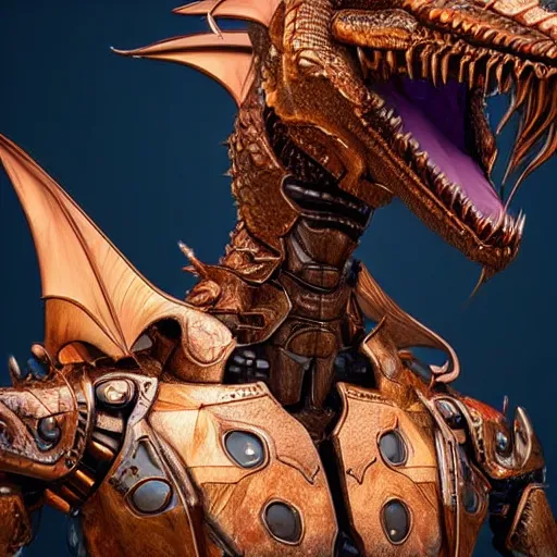 Image similar to a highly detailed close-up bust, of a beautiful majestic anthropomorphic robot female dragon, with smooth and streamlined mechanical armor, standing and posing elegantly in front of the camera, well detailed head with soft LED eyes, sharp teeth, two arms, artstation, DeviantArt, professional, octane render, sunset lighting