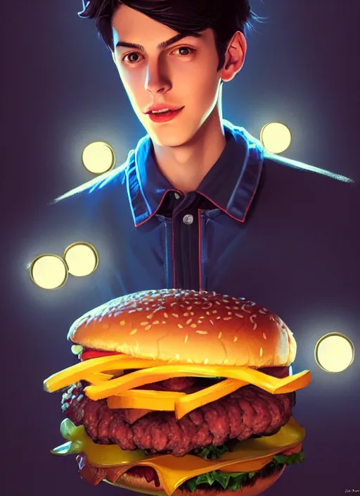 Prompt: portrait of teenage jughead jones, devouring hamburgers, intricate, elegant, glowing lights, highly detailed, digital painting, artstation, concept art, smooth, sharp focus, illustration, art by wlop, mars ravelo and greg rutkowski