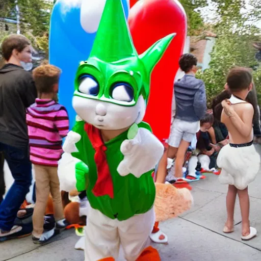 Image similar to paparazzi photo Man in Bugs Bunny costume spying on children at a birthday party, high quality, good lighting, masterpiece, beautiful beautiful beautiful beautiful beautiful