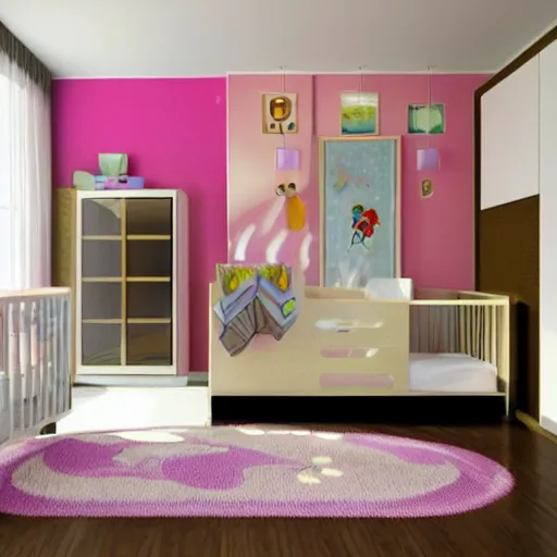 Prompt: modern interior home design for baby room, with cute drawings and colors. Photorealistic, ultra-detailed, high resolution, HDR shot