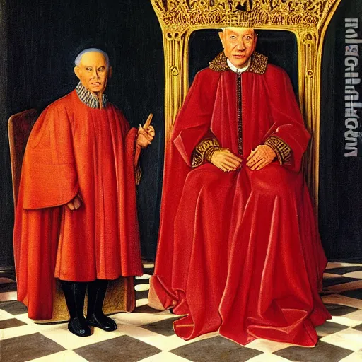 Image similar to A painting of Benjamin Netanyahu sitting in a golden chair wearing a red furred cape and a crown holding a royal ornate rod by Jan Van Eyck