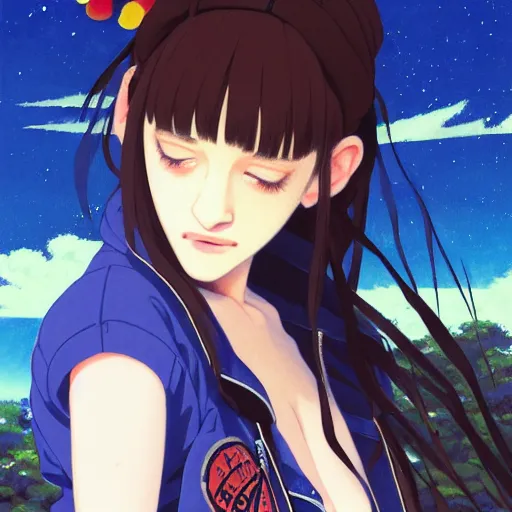 Image similar to a beautiful boyish kat dennings alluring gravure model, wearing oversized mayan bomber jacket and leotard with overalls, bulky poofy aztec native style bomber jacket with mayan patterns, gapmoe yandere grimdark, trending on pixiv fanbox, painted by greg rutkowski makoto shinkai takashi takeuchi studio ghibli, akihiko yoshida