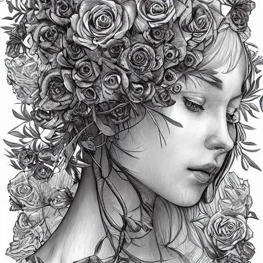 Prompt: the anatomy of a head of lettuce with roses that resemble a beautiful young woman looking up, an ultrafine detailed illustration by james jean, intricate linework, bright colors, final fantasy, behance contest winner, vanitas, angular, altermodern, unreal engine 5 highly rendered, global illumination, radiant light, detailed and intricate environment