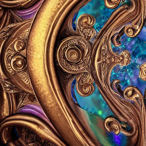 Prompt: Art Nouveau cresting oil slick waves, hyperdetailed bubbles in a shiny iridescent oil slick wave, ornate copper patina medieval ornament, rococo, baroque spirals, octane render