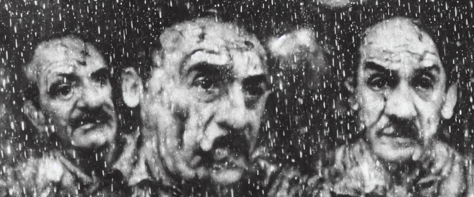 Prompt: weegee self portrait in rain in close up