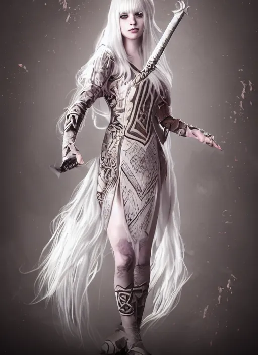 Prompt: An epic fantasy comic book style full body painting of a pale young girl with long straight white hair, she is wearing a chess pattern princess dress, Unreal 5, DAZ, hyperrealistic, octane render, cosplay, RPG portrait, dynamic lighting