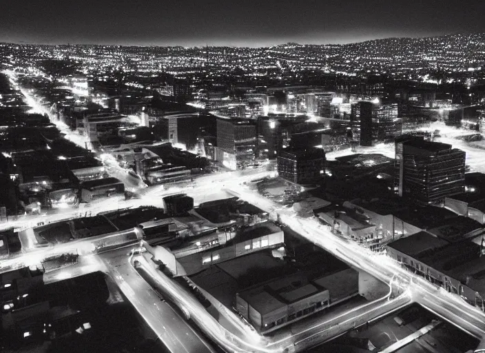 Prompt: a sprawling building complex seen from a dark parking lot in los angeles at night. 1 9 9 0 photo by james cameron. urban photography