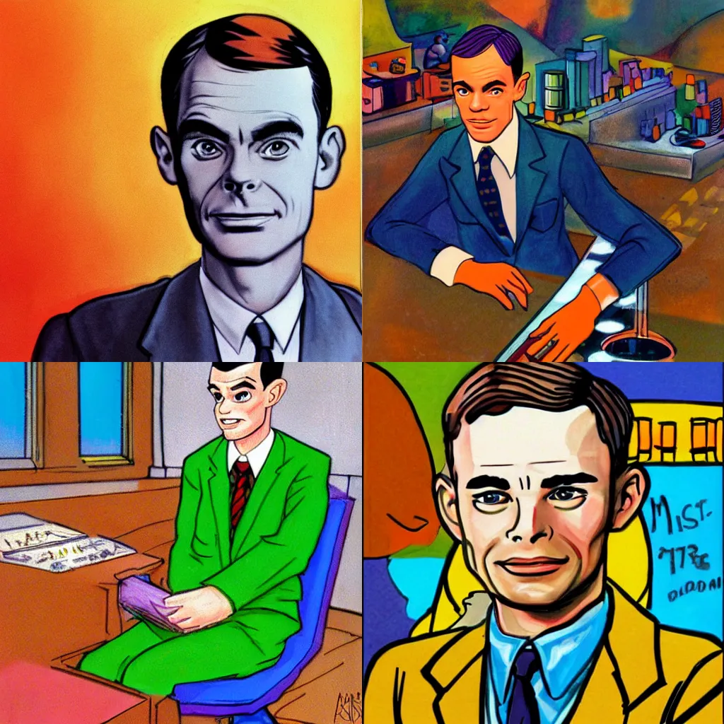 Prompt: alan turing by Don bluth, bright tones