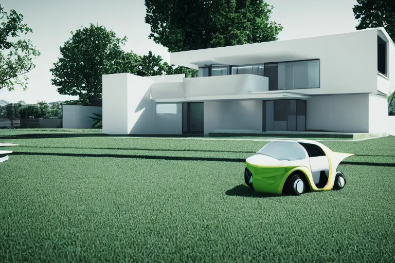 Image similar to a house in the future house, retrofuturim, lawn, trees, white picket fence, futuristic flying car parked on the landing pad, realistc octane render, depth of field, soft lighting, 8k