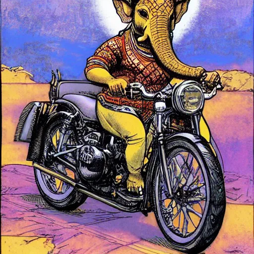 Image similar to ganesha riding a motorcycle, art by rebecca guay