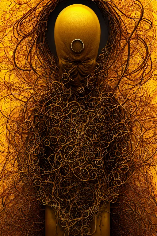 Prompt: A full body portrait of a mysterious character with no face with a very long hooded yellow cloak, a golden crown floating above his head tentacles coming out the ground art by Lee Griggs and Jason Chan, ominous, cosmic horror, trending on artstation, Ultra detailed, hyper realistic 4k