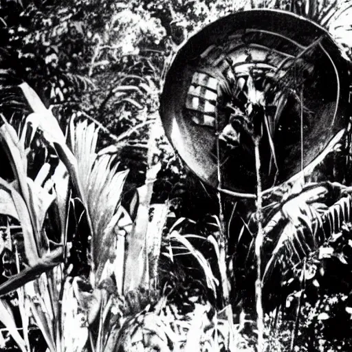 Image similar to a rizom lost film footage of a sacred ( ( ( indigenous ) ) ) artifact in the middle of the ( ( ( ( ( ( ( ( ( ( tropical jungle ) ) ) ) ) ) ) ) ) ) / ethnographic object / film still / cinematic / enhanced / 1 9 0 0 s / black and white / grain